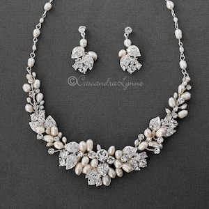 Crystal Leaves and Ivory Pearl Wedding Necklace and Earrings Set Bridal Accessories Silver