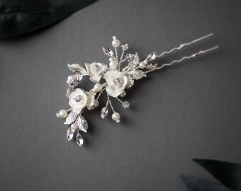Wedding Hair Pin with Crystal Marquise Stones Ivory Porcelain Flowers Brial Accessories