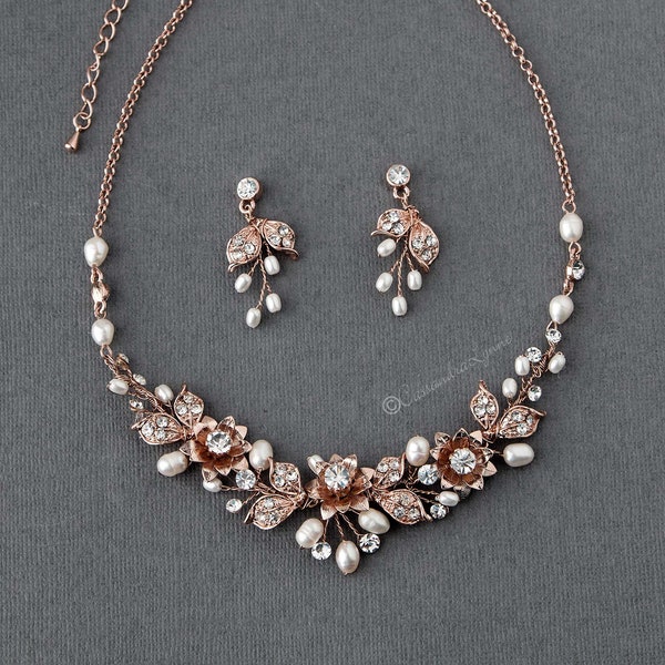 Pearl Bridal Necklace and Earring Set Metal Flowers Gold or Rose Gold Ivory Wedding Accessories