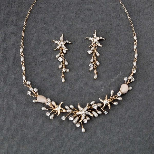 Beach Wedding Necklace and Earring Set with Starfish Shells Ivory Pearls Gold Bridal Accessory Mermaid Gold and Silver