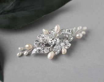 Petite Wedding Bridal Clip Barrette Ivory Freshwater Pearls Rhinestone Floral Crystal Silver Flower Girl Clip Mini