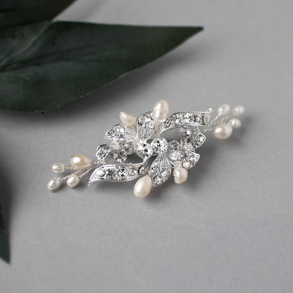 Petite Wedding Bridal Clip Barrette Ivory Freshwater Pearls Rhinestone Floral Crystal Silver Flower Girl Clip Mini