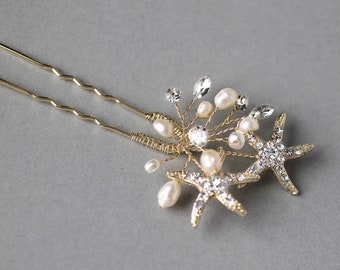 Starfish Wedding Hair Pin Beach Bride Ivory Freshwater Pearls Mermaid Bridal Accessories Light Gold