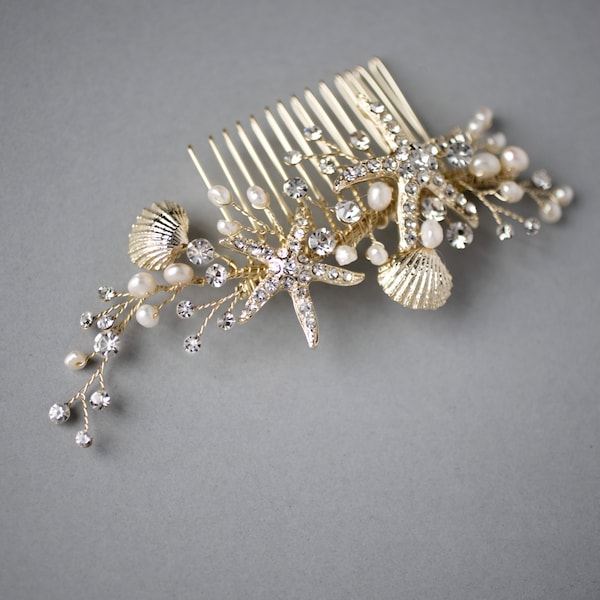 Light Gold or Silver Beach Wedding Hair Comb Starfish Shells Freshwater Cultured Pearls Crystals Wedding Accessory