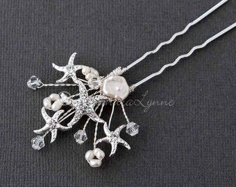 Beach Wedding Starfish Hair Pin with Cultured Pearls and Crystal Beads Bridal Accessory