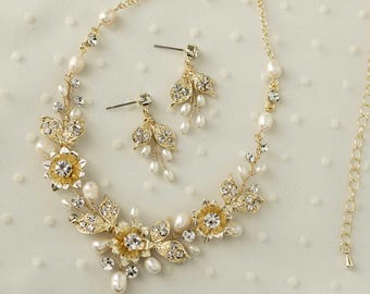 Pearl Bridal Necklace and Earring Set Metal Flowers Gold or Silver Ivory Wedding Accessories