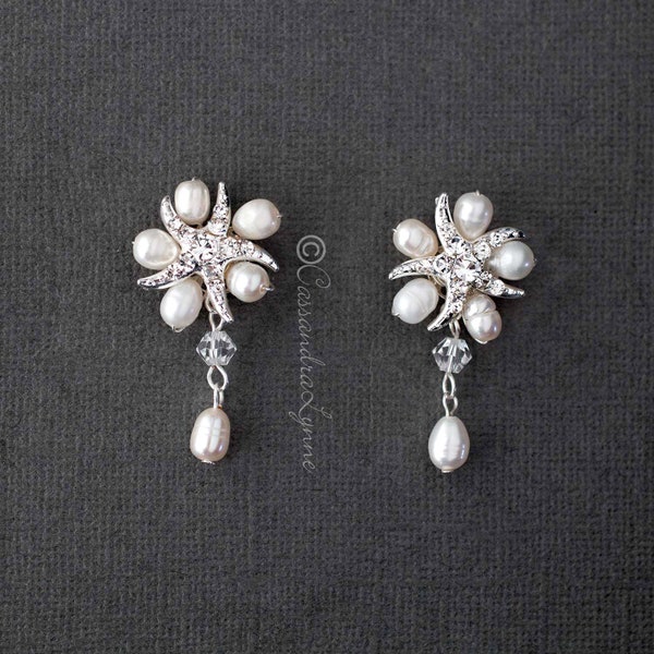 Beach Wedding theme Earrings with Starfish Freshwater Pearls Crystal Beads Silver Mermaid
