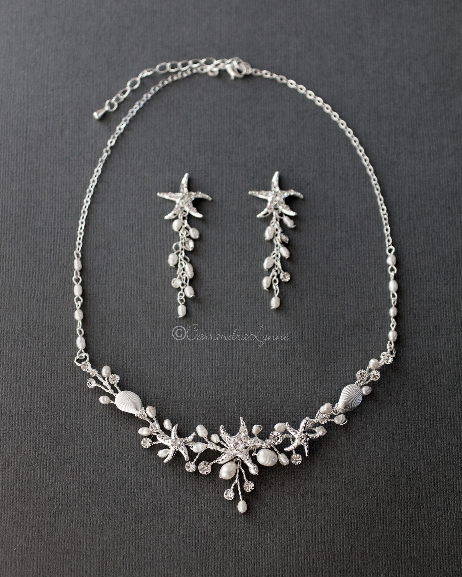 Beach Wedding Jewelry Set: Starfish, Shells, Ivory Pearls Gold or Silver