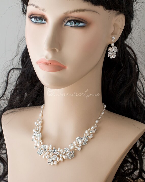 Crystal Leaves and Ivory Pearl Wedding Necklace and Earrings Set Bridal Accessories Silver Etsy Canada