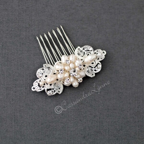 Petite Minimalist Pearl Bridal hair Comb Silver Rhinestones Wedding Accessory