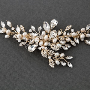 Bridal Hair Clip of Ivory Freshwater Pearls and Marquise Sprays Pear Cut Rhinestone Wedding Accessory