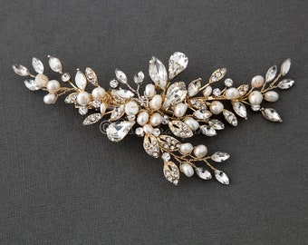 Bridal Hair Clip of Ivory Freshwater Pearls and Marquise Sprays Pear Cut Rhinestone Wedding Accessory