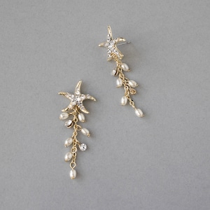Starfish Dangle Earrings: Freshwater Pearls, Crystal Accents, Beach Wedding
