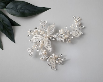 Wedding Hair Clip With Ivory Freshwater Pearls and Crystals Bridal Headpiece Silver