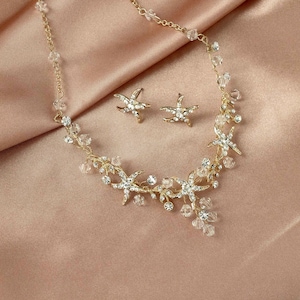 handmade Beach Wedding Accessories Crystal Starfish Necklace Set Bridal Silver image 1