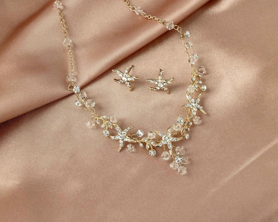 handmade Beach Wedding Accessories Crystal Starfish Necklace Set Bridal Silver
