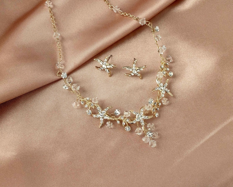handmade Beach Wedding Accessories Crystal Starfish Necklace Set Bridal Silver image 1