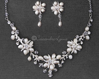 Beach Necklace Set Rhinestone Starfish Ivory Freshwater Pearls Crystal Beads Wedding Bridal Accessories Silver