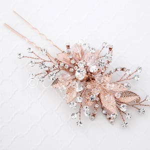 Rose Gold Bridal Hair Pin of Crystals and Leaves Wedding Accessory Hair Piece