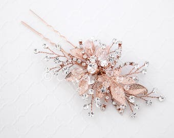 Rose Gold Bridal Hair Pin of Crystals and Leaves Wedding Accessory Hair Piece