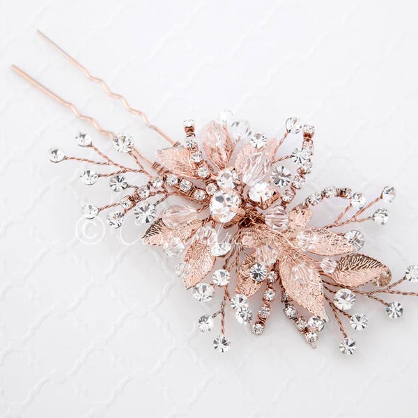 Rose Gold Bridal Hair Pin of Crystals and Leaves Wedding Accessory Hair Piece