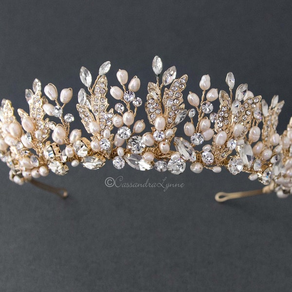 Gold Ivory Freshwater Pearl Wedding Crown Tiara for the Bride Bridal Headpiece