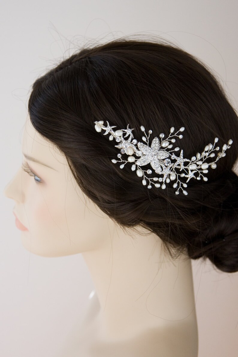 Beach Wedding Starfish Hair Clip with Ivory Freshwater Pearls Silver Bridal Hair Piece Bride