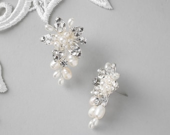 Wedding Earrings Handmade Freshwater Pearl and Rhinestone Flower Petal Jewelry for the Bride Silver