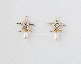 Beach Wedding Earrings of Starfish Rhinestones and Freshwater Pearls bridal jewelry Silver Rose Gold and Light Gold