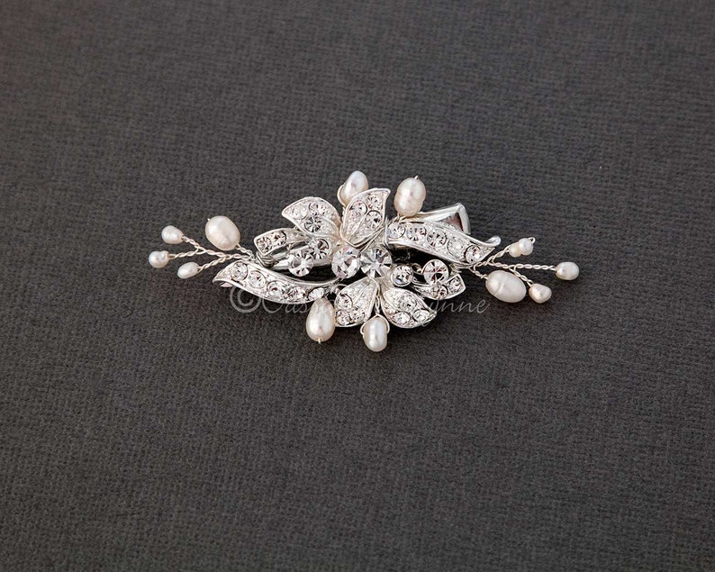 Petite Wedding Bridal Barrette Ivory Pearls Rhinestone Floral Crystal Silver Rose Gold Flower Girl Clip Mini