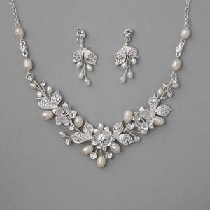 Pearl Bridal Necklace and Earring Set Metal Flowers Gold or Silver Ivory Wedding Accessories
