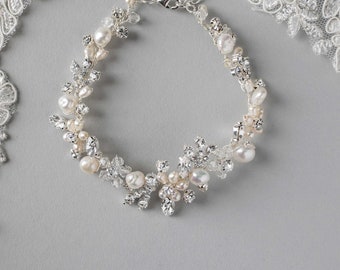 Silver Bridal Bracelet Ivory Freshwater Pearls Crystal Beads Handmade Handwired Wedding Accessories for the Bride