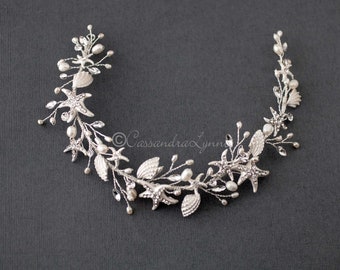 Silver Beach Wedding Headband Hair Vine Starfish and Shells Mermaid Bridal Accessories