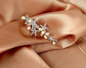 Silver Starfish Wedding Hair Clip: Crystal & Ivory Pearl Bridal Accessory