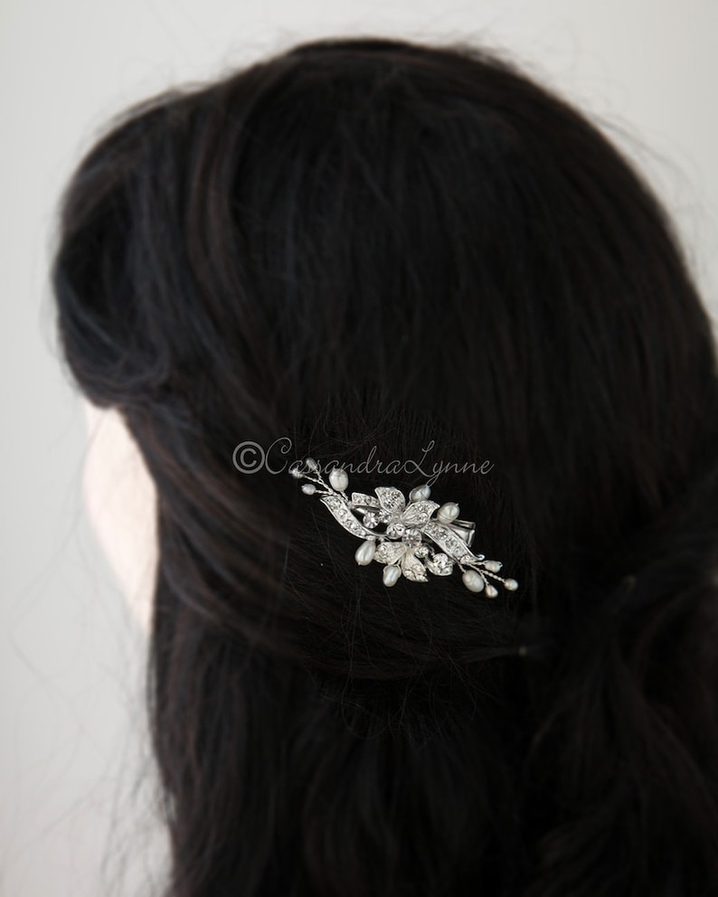 Petite Wedding Bridal Barrette Ivory Pearls Rhinestone Floral Crystal Silver Rose Gold Flower Girl Clip Mini