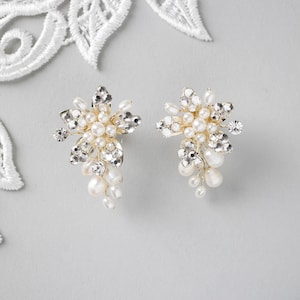 Wedding Earrings Handmade Freshwater Pearl and Rhinestone Flower Petal Jewelry for the Bride Light Gold