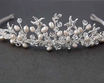 Wedding Tiara of Ivory Porcelain Flowers and Leaves Accented Wedding Tiara of Ivory Porcelain Flowers and Leaves Accented