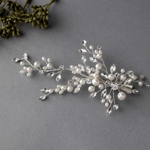 Bridal Hair Clip of Ivory Matte Pearls and Rhinestones in Silver Wedding Accessories