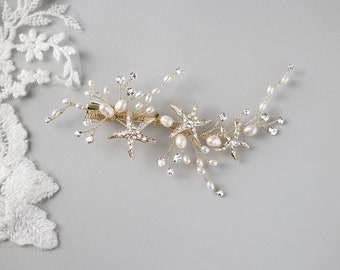 Beach Wedding Hair Accessories Gold or Silver Starfish Clip Bridal Accessory Ivory Pearls Mermaid