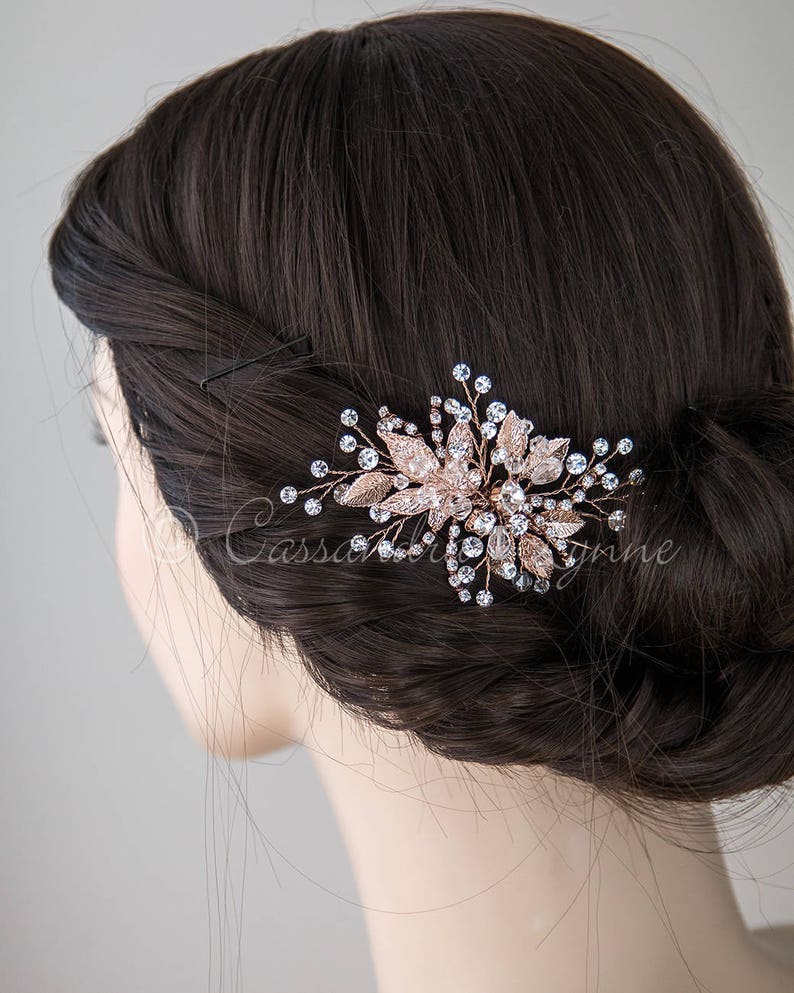 Rose Gold Bridal Hair Pin of Crystals and Leaves Wedding Etsy Australia