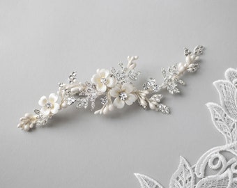 Light Gold or Silver Bridal Hair Clip with Crystal Dotted LEaves Popcorn Pearls and Ivory Porcelain Flowers Wedding Accessory