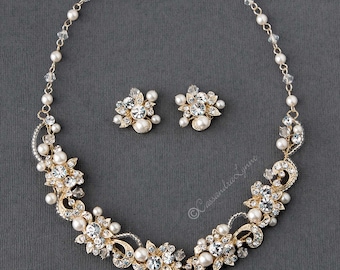 Handmade Crystal Pearl Wedding Necklace Earring Set: Light Gold or Silver Floral Bridal Jewelry