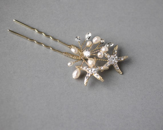 Starfish Wedding Hair Pin Beach Bride Ivory Freshwater Pearls Mermaid Bridal Accessories Light Gold
