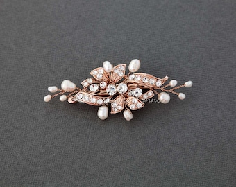 Petite Rose Gold Wedding Bridal Clip Barrette Ivory Freshwater Pearls Rhinestone Floral Crystal Flower Girl Clip Mini