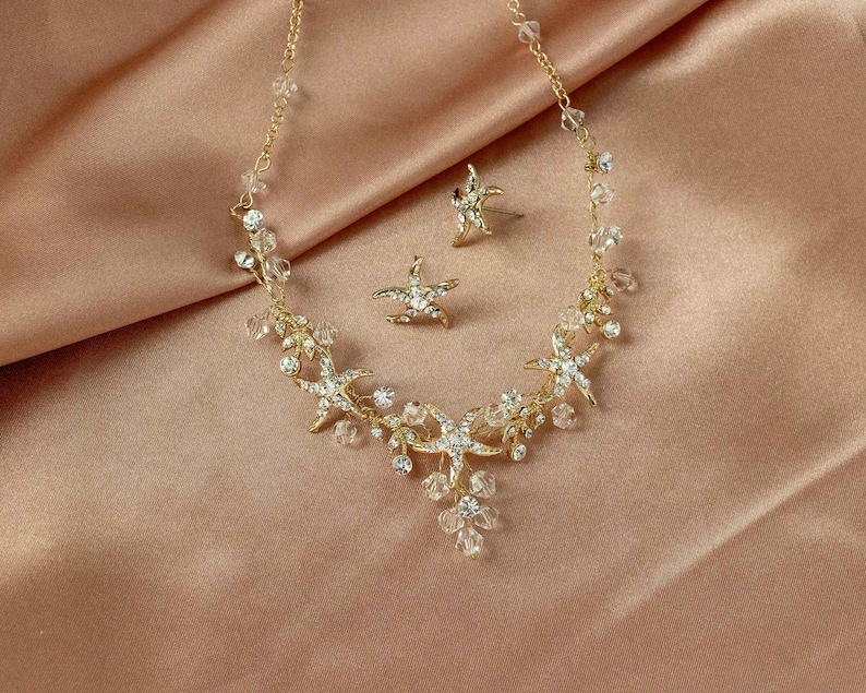 handmade Beach Wedding Accessories Crystal Starfish Necklace Set Bridal Silver image 2