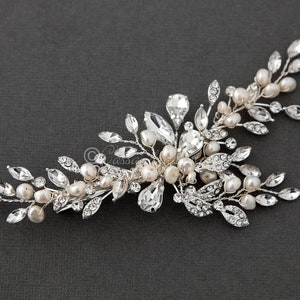 Bridal Hair Clip of Ivory Freshwater Pearls and Marquise Sprays Pear Cut Rhinestone Wedding Accessory