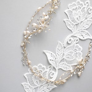 Beach Wedding Headpiece Light Gold Starfish Freshwater Pearls Bridal Hair Vine  Headband