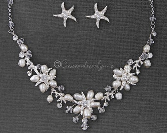 Starfish Bridal Necklace Set: Freshwater Pearls, Rhinestone Stud Earrings Beach Wedding
