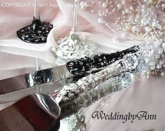 Lace Wedding, White and Black Wedding Cake Serving Set- Wedding Cake and Knife Serving Set- Wedding Table, Bride and Groom, Bridal shower