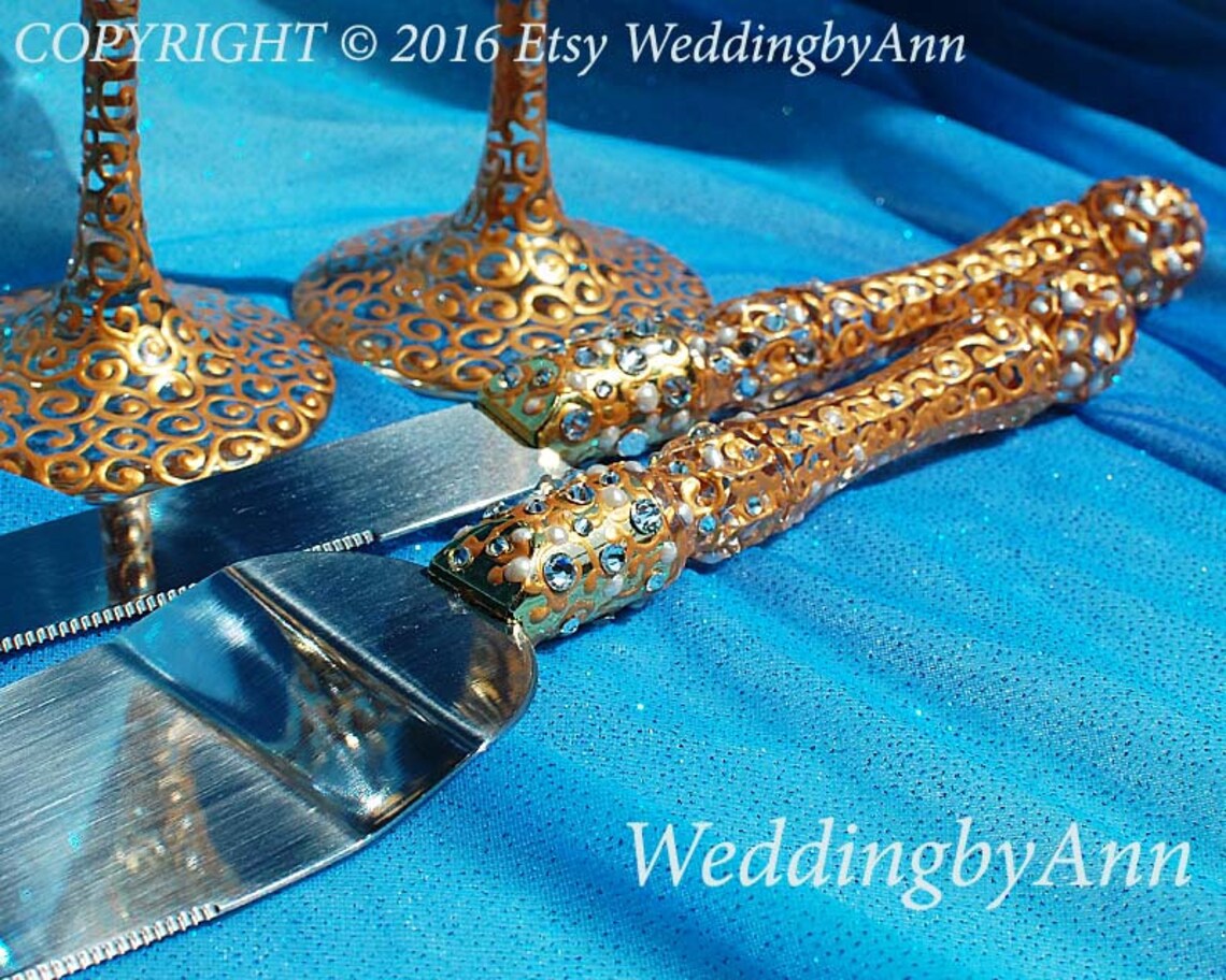 Gold Cake Serving Set Wedding Cake Server and Knive Set Etsy